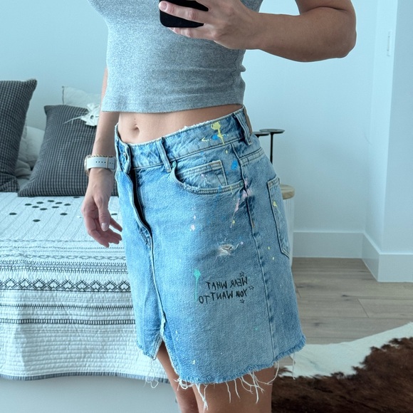 Zara Dresses & Skirts - ZARA Blue Denim Skirt with Paint Splatter